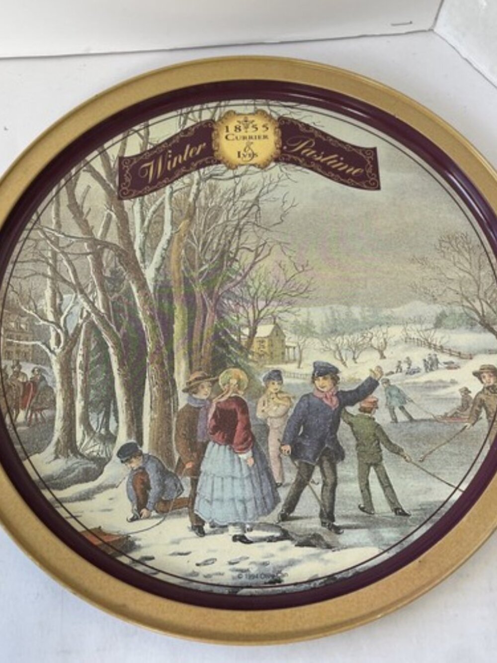 Currier & Ives Winter Pastime Metal Serving Tray 13” Vintage 1994